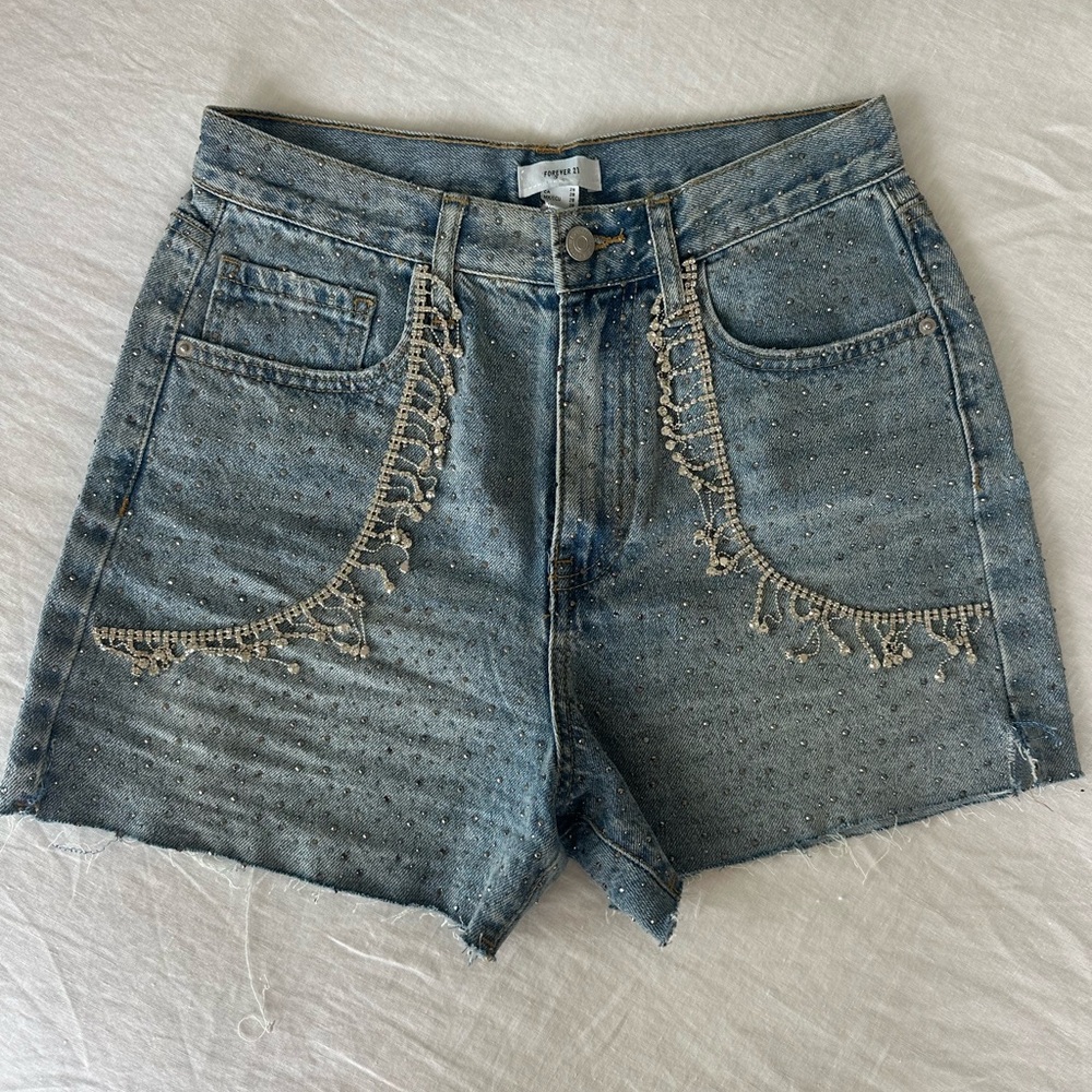 Denim and Rhinestone Cut off Shorts